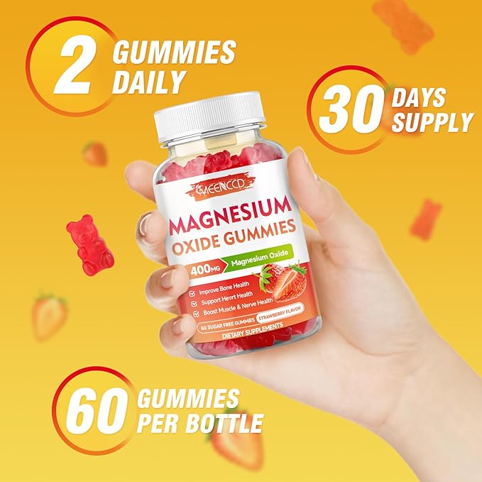Magnesium Oxide Gummies 400mg, Chewable Magnesium Oxide Supplement for Adults & Kids, Muscle Function Support, Non-GMO, Sugar-Free, Strawberry Flavor, 60 Count