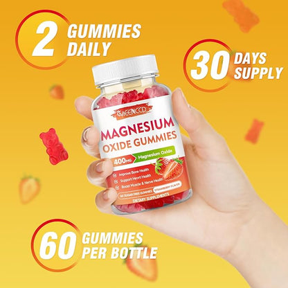 Magnesium Oxide Gummies 400mg, Chewable Magnesium Oxide Supplement for Adults & Kids, Muscle Function Support, Non-GMO, Sugar-Free, Strawberry Flavor, 60 Count