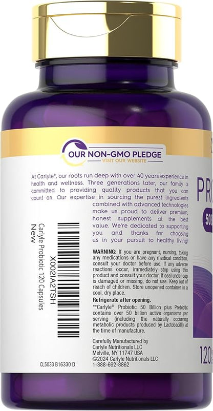 Carlyle Probiotics with Prebiotics | 120 Capsules | 50 Billion Active Organisms | Non-GMO & Gluten Free Supplement
