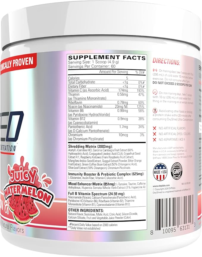 EHP Labs OxyShred Pre Workout Powder - Preworkout Powder with L Glutamine & Acetyl L Carnitine, Energy Boost Drink - Juicy Watermelon, 60 Servings
