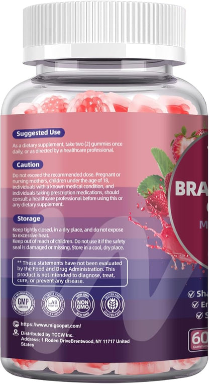 Migcopat Brain Supplements for Memory & Focus – Nootropic Gummies w/Bacopa, Lion’s Mane, Ginkgo & 10-in-1 Mushroom Complex, Mental Clarity & Cognitive Support, Caffeine-Free Strawberry Flavor 60 Cts