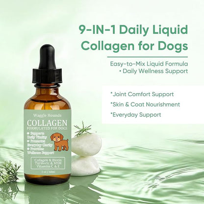 Waggle Hounds 9 in 1 Liquid Collagen for Dogs, Coat & Joint Support with Collagen, Hyaluronic Acid, Turmeric & Vitamins C & E for Everyday Care