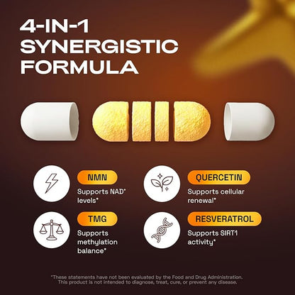 NMN Supplement – 4-in-1 NAD Supplement with Quercetin | TMG | Resveratrol – NMNH Alternative – Supports Cellular Energy & NAD+ Level – 60 Capsules – Third-Party Tested (1 Pack)