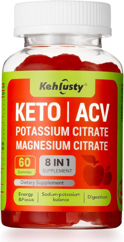 Keto ACV Gummies, 8-in-1 500mg Apple Cider Vinegar Supplement with Vitamin B12, Potassium & Magnesium Citrate, Beet Root & Pomegranate, Supports Healthy Digestion & Energy, 60 Gummies