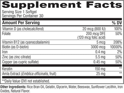 OLLY Ultra Strength Hair Softgels, Supports Hair Health, Biotin, Keratin, Vitamin D, B12, Hair Supplement, 30 Day Supply - 30 Count (Packaging May Vary)