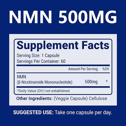 NMN 500mg Per Serving Maximum Strength - 99% Pure NMN (Nicotinamide Mononucleotide) for NAD, Cell, Immune, Energy, Anti-Aging & Longevity, Stabilized NMN Supplements 500mg - 60 Veggie Capsules