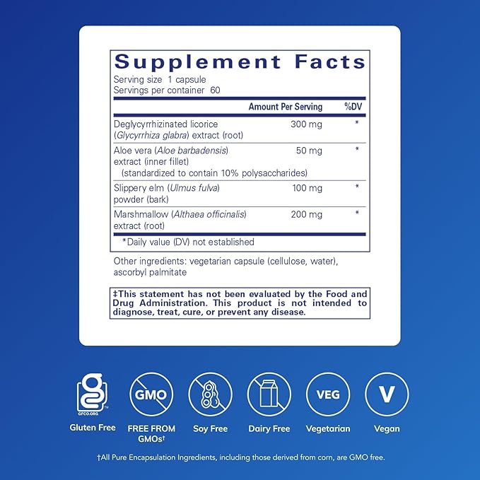 Pure Encapsulations DGL Plus - Gut Health Supplements for Men & Women - with Marshmallow Root, Aloe Vera Extract & Slippery Elm Bark - Non-GMO & Vegan - 60 Capsules