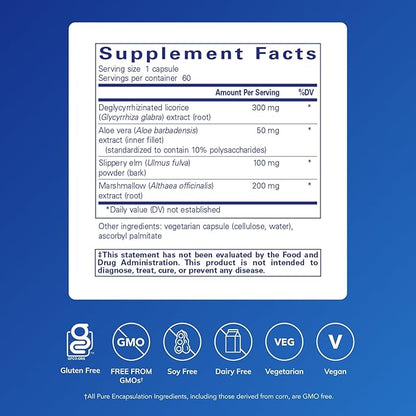Pure Encapsulations DGL Plus - Gut Health Supplements for Men & Women - with Marshmallow Root, Aloe Vera Extract & Slippery Elm Bark - Non-GMO & Vegan - 60 Capsules