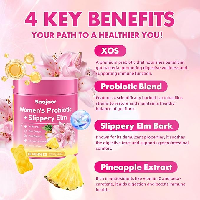 Women Probiotic Slippery Elm Gummies - Supports pH Balance, Digestive & Immune Health, Natural Pineapple Flavor, 60 Count
