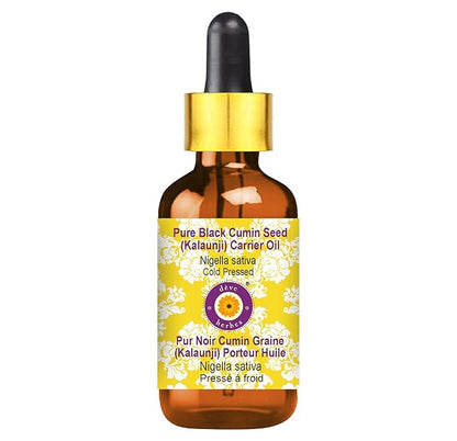 Deve Herbes Black Cumin Seed (Kalaunji) Oil (Nigella sativa) with Glass Dropper | Cold Pressed | Pure | For Diluting Essential oils | Hair, Skin & Massage | Lightweight | Unisex | 30ml (1 oz)