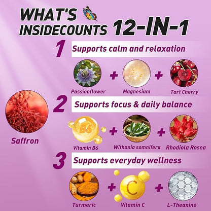 BUTTERFLY'S TEAR Saffron Gummies | 12-in-1 Daily Health Support | Mixed Berry Flavor | Mood, Gut & Metabolism, Mind & Body, Energy Support | 120 Gummies Dietary Supplement