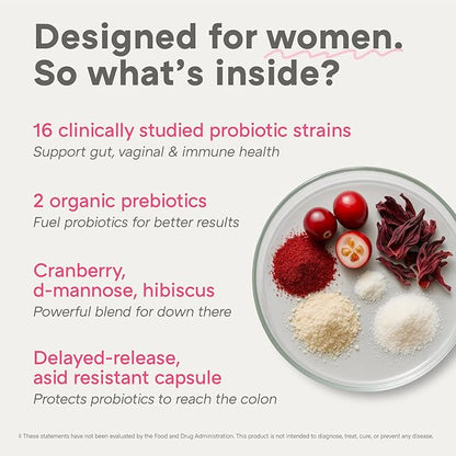 Complete Probiotics for Women - Vaginal, UT, Digestive & Immune Health - 60 Billion CFU, 16 Strains, Prebiotics and Probiotics for Women pH Balance Healthy Vaginal Odor - Once Daily