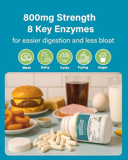800mg Digestive Enzymes for Men and Women with Probiotics & Prebiotics, 8 Key Enzymes, Protease, Amylase & Lipase | 270 Capsules - A 90-Day Supply for Bloating & Gas Relief - Non-GMO