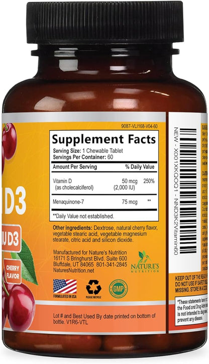 Vitamin D 2000 IU 50mcg Per Tablet - Vitamins D3 & K2 (MK7) Complex Supplement for Bone, Teeth, Muscle, Calcium Absorption, Supports Immune & Heart Health, Chewable Formula USA Bottled - 60 Tablets