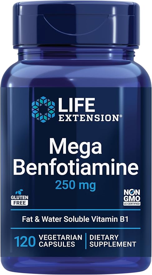 Life Extension Mega Benfotiamine, 250 mg, a fat-soluble form of thiamine, healthy metabolism, ultra-bioavailable vitamin B1, high potency, gluten-free, non-GMO, vegetarian, 120 capsules