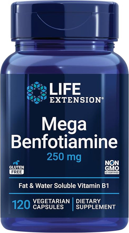 Life Extension Mega Benfotiamine, 250 mg, a fat-soluble form of thiamine, healthy metabolism, ultra-bioavailable vitamin B1, high potency, gluten-free, non-GMO, vegetarian, 120 capsules