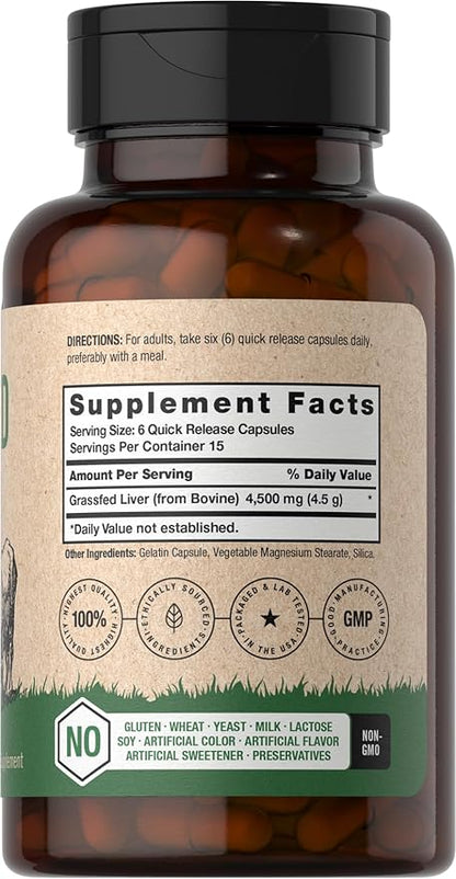 Horbäach Grass Fed Beef Liver | 4500mg | 90 Capsules | Desiccated, Pasture Raised, Grain Free, Non-GMO Supplement