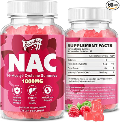 NAC Gummies Sugar-Free, N-Acetyl Cysteine NAC Supplement 1000mg for Antioxidants, Immune Support, Non-GMO, Gluten-Free, Vegan – Raspberry Flavor, 60 Gummies