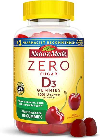 Nature Made Zero Sugar Vitamin D3 Gummies 2000 IU (50 mcg) Per Serving, Bone & Immune Support, Aspartame Free, 110 Vitamin D Gummies, 55 Day Supply