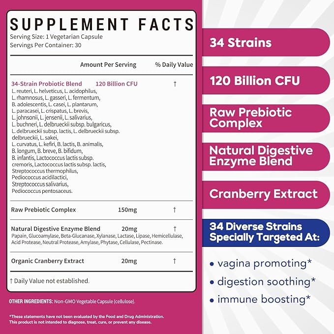 Probiotics for Women, 120 Billion CFU 34 Strains, Prebiotics, Digestive Enzymes, Cranberry, 4-in-1 Feminine Probiotic, Digestive, Vaginal, Immune Support, 30ct