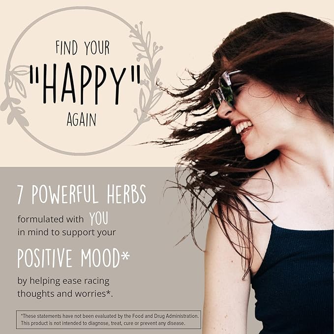 Joy-Filled Mood Support Supplement - 7 Herb Complex + St. Johns Wort (180 Ct) | Rhodiola Rosea, Eleuthero, Ashwagandha | Stress Relief – Helps Calm The Mind & Body | 100% Plant-Based Happy Pills