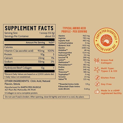 Earth Fed Muscle Lemonade Collagen Powder – Grass Fed Hydrolyzed Collagen for Women & Men - Healthy Bones, Skin & Hair - Types 1 & 3 Collagen Powder, 12g Per Serving, 33 Servings