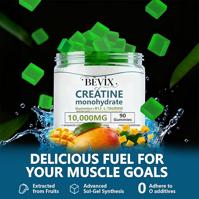 Creatine Gummies, Potent creatine monohydrate Gummies,for Energy Boost, Increase Strength and Build Muscle,withL-Taurine, B12 Gluten-Free, Sugar Free,90Count