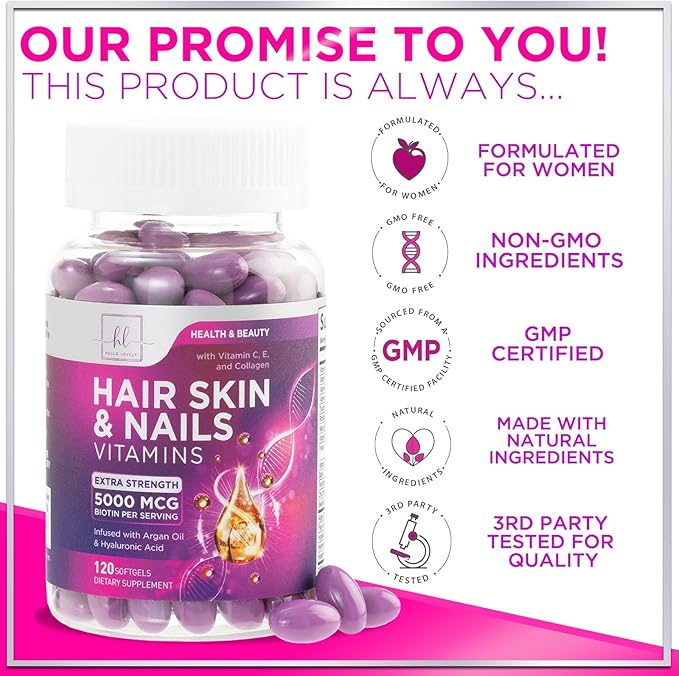 Hair Vitamins for Women for Hair Growth - Argan-Infused Supplement with Collagen, Biotin and Hyaluronic Acid - Supports Faster Hair Growth, Skin & Nails Beauty Vitamins, Bottled in USA - 120 Softgels