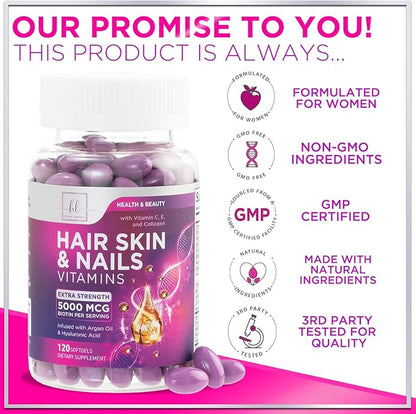 Hair Vitamins for Women for Hair Growth - Argan-Infused Supplement with Collagen, Biotin and Hyaluronic Acid - Supports Faster Hair Growth, Skin & Nails Beauty Vitamins, Bottled in USA - 120 Softgels