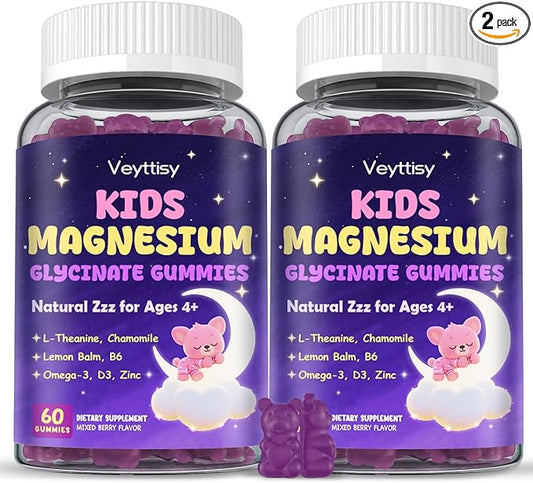 Magnesium Glycinate Gummies for Kids 4+: Sugar Free Magnesium Bisglycinate Gummy with Chamomile, L-Theanine, Lemon Balm, B6, Omega 3, Zinc - Gluten Free, Non-GMO, Vegan, Mixed Berry Flavor
