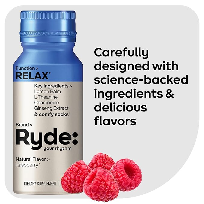 Ryde: Relax Shot | Raspberry Flavor | Lemon Balm, L-Theanine, Ginseng & Chamomile |0 Calories, 0 Sugar | 2 FL OZ Shots | Helps You Relax* (24 Pack)