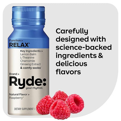 Ryde: Relax Shot | Raspberry Flavor | Lemon Balm, L-Theanine, Ginseng & Chamomile | 0 Calories, 0 Sugar | 2 FL OZ Shots | Helps You Relax* (8 Pack)