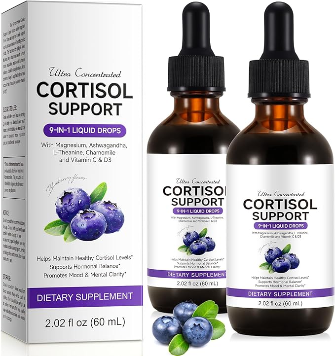 Cortisol Supplements for Women & Men, Cortisol Reducer, Support Hormone Balance, Mood, Focus & Sleep, 10 in 1 Cortisol Drops with Magnesium, Ashwagandha, L-theanine, Blueberry Flavor (2)