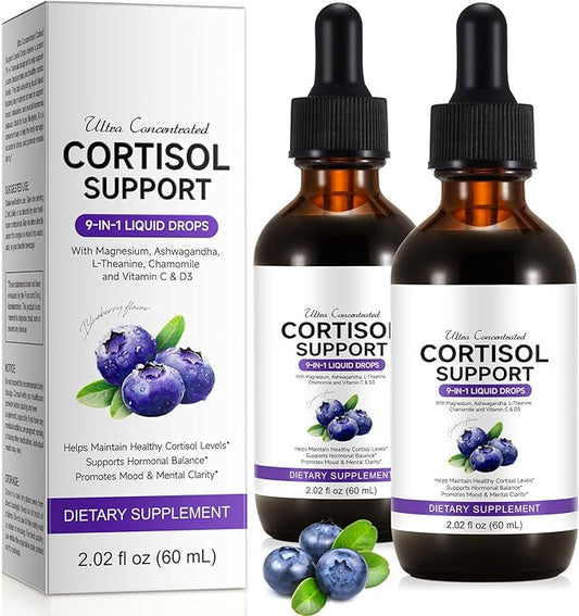 Cortisol Supplements for Women & Men, Cortisol Reducer, Support Hormone Balance, Mood, Focus & Sleep, 10 in 1 Cortisol Drops with Magnesium, Ashwagandha, L-theanine, Blueberry Flavor (2)