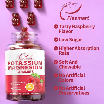Potassium Magnesium Gummies Potassium Citrate 99mg Magnesium Citrate 250mg Magnesium Potassium Complex Supplement, Immune Support, 60 Raspberry Gummies 2 Pack