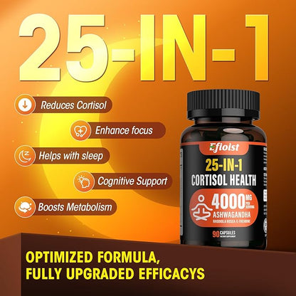 Cortisol Supplement for Women & Men, 25-in-1 Cortisol Reducer, Cortisol Manager with Ashwagandha, Rhodiola Rosea, L-Theanine, for Mood, Relaxation, Focus, Sleep Support, 90 Capsules for 1.5 Months