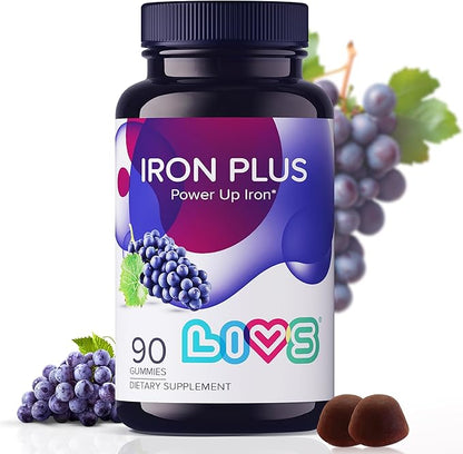 LIVS Iron Plus Gummies – 20mg Gentle Iron Supplement for Women & Men – Anemia Support – Vitamin C for Absorption – Biotin, Folate & B12 for Energy – Gluten Free, Vegan, Halal & Kosher – 90 Count