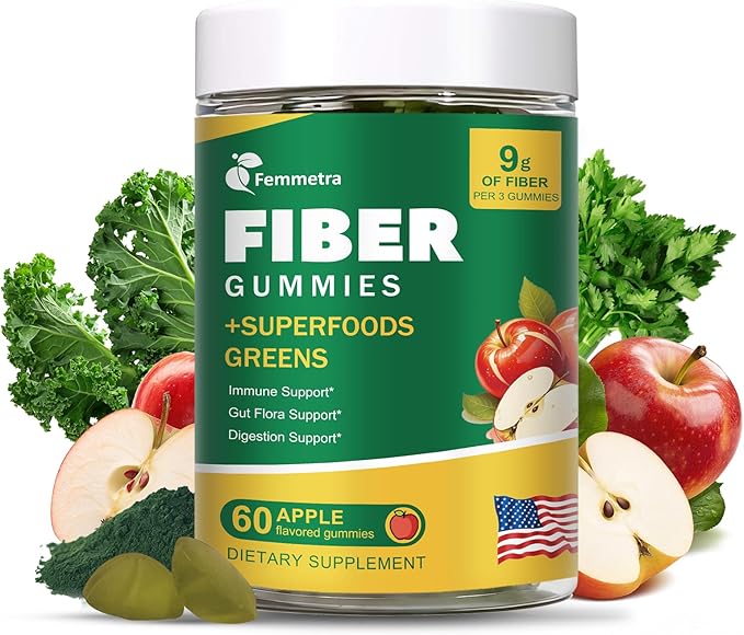 9G Fiber Gummies for Digestive Health & Regularity - No Sugar Added Apple Flavor - Prebiotic Fiber Supplement with Greens - Daily Gummies for Adults, Women & Men - 60CT