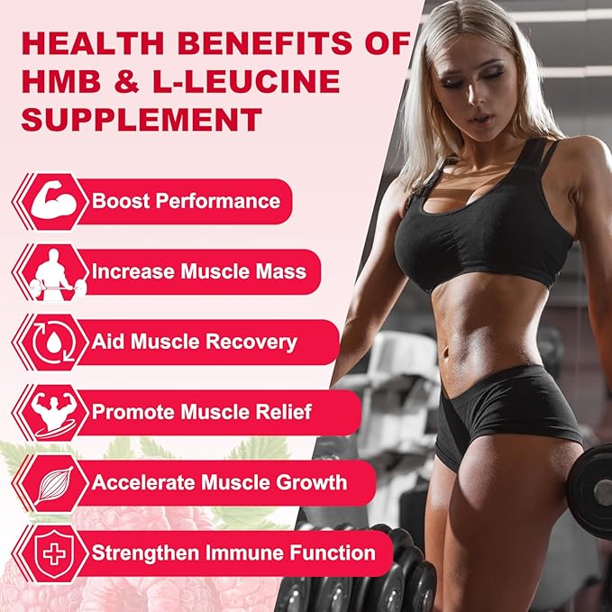 HMB and Leucine Gummies, HMB & Leucine Amino Acid for Muscle Growth, Muscle Relief, HMB Supplements for Men & Women, Vegan, Non-GMO, Raspberry Flavor, 60 Count