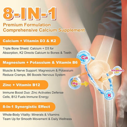 Calcium Citrate Gummies, Calcium Supplements for Women & Men, High Absorption Calcium Gummies with Vitamin D3, Magnesium & Zinc for Muscle, Bone & Immune Support, Orange Flavor, 60 Count