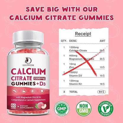 Calcium Citrate 1200mg with Vitamin D3 Gummies, Calcium Gummies with Vitamin D3 for Women & Men, Cal Magnesium Zinc for Bone Muscle Healthy- Natural White Peach Flavor- 30 Day Supply
