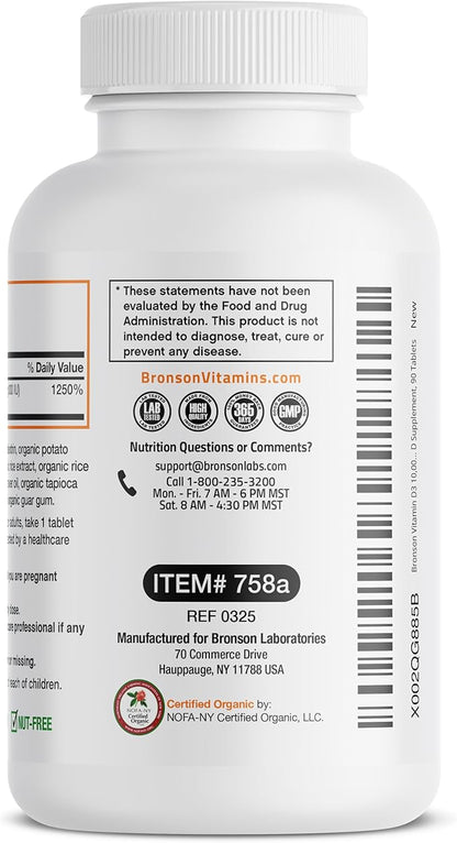 Bronson Vitamin D3 10,000 IU for Immune Support, Healthy Muscle Function & Bone Health, High Potency Organic Non-GMO Vitamin D Supplement, 90 Tablets