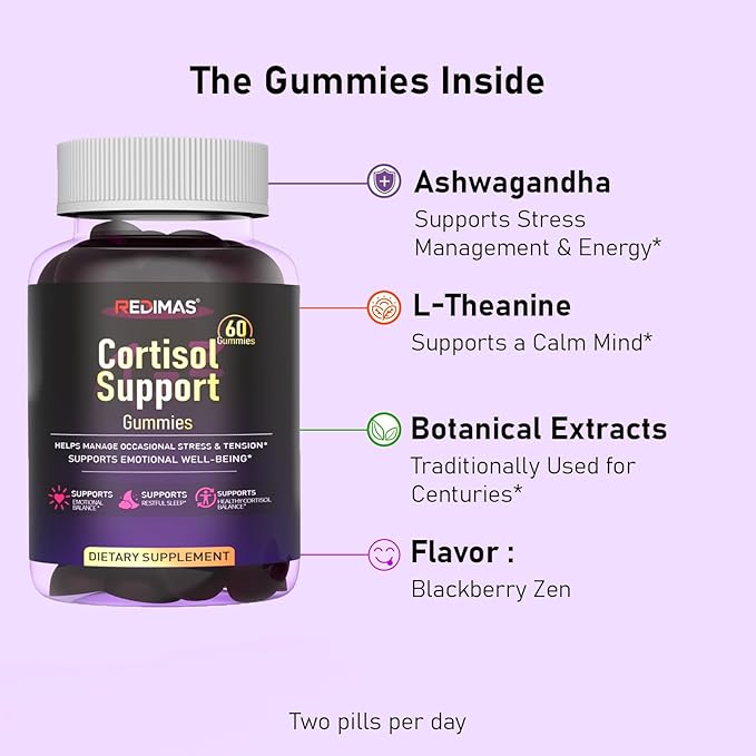 Cortisol Gummies for Women & Men with Ashwagandha, Magnesium, L-Theanine and Multivitamin, Vegan Chewable Gummies for Daily Lifestyle Balance, Convenient Adult Supplement, 60 Count