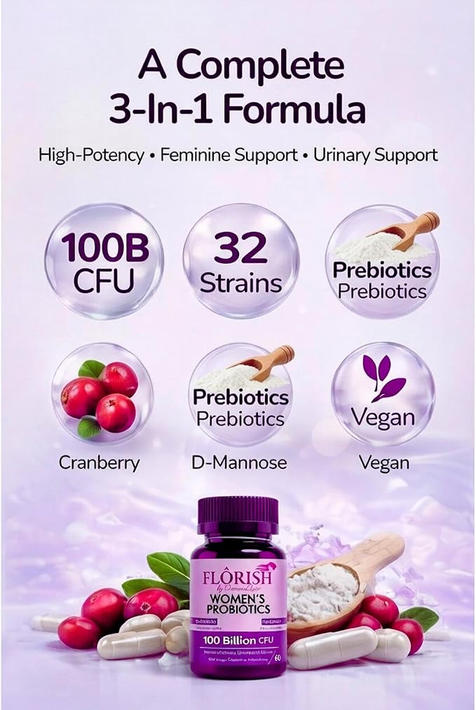 Feminine Probiotics for Women–Vaginal Odor Flora Control & pH Balance, 100 Billion CFU, 32 Strains, Organic Cranberry Extract + D-Mannose Prebiotic for Healthy Gut UTI PMS Yeast Support. 60 Vegan Caps