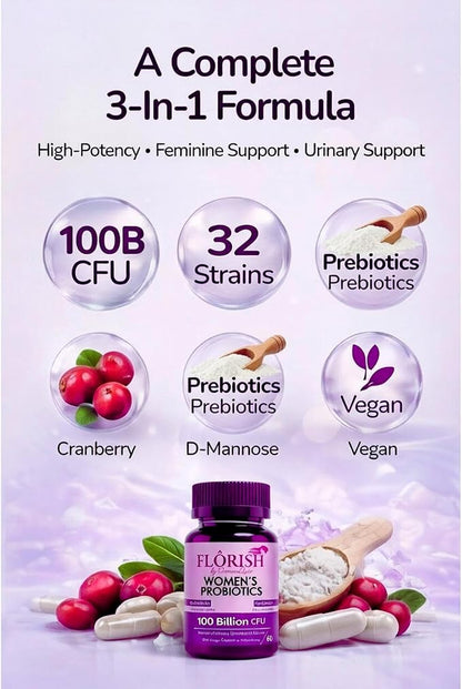 Feminine Probiotics for Women–Vaginal Odor Flora Control & pH Balance, 100 Billion CFU, 32 Strains, Organic Cranberry Extract + D-Mannose Prebiotic for Healthy Gut UTI PMS Yeast Support. 60 Vegan Caps