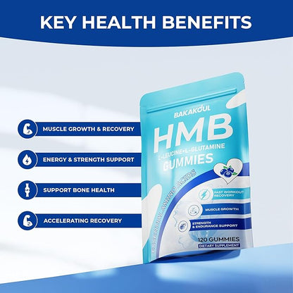 BAKAKOUL HMB and L-Leucine Gummies, HMB and Leucine Supplement Supports Muscle Fast Workout Support, HMB and Leucine Amino Acid for Men & Women, Sugar Free, Non-GMO, 120 Counts