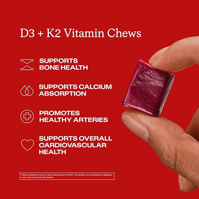 Humann Vitamin D3 + K2 Chews - High Potency Vitamin D 5000iu (125mcg) Helps Support Healthy Mood, Immunity, Cardiovascular, Respiratory Health & Bone Health, Mixed Berry Flavor, 30 Count
