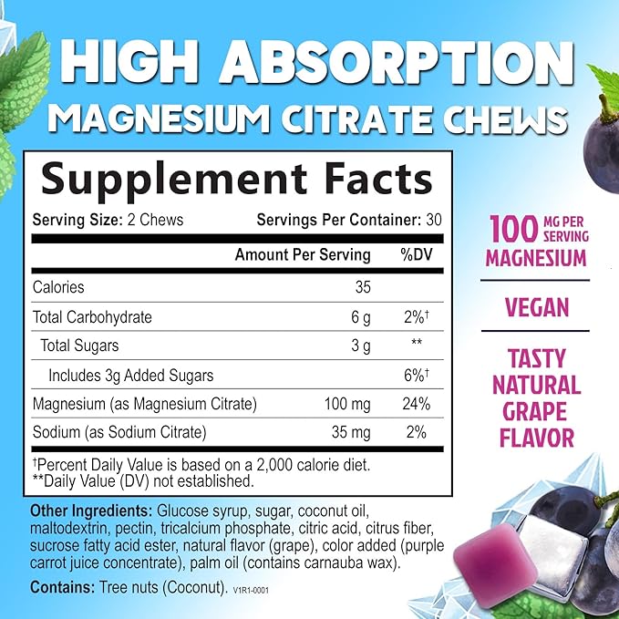 Magnesium Citrate Chews Supplement - High Absorption Magnesium Gummies Supplement - Vegan Mag Citrate Soft Chews Gummy for Adults - Relaxation & Calm Support - Delicious Grape Flavor - 60 Gummies