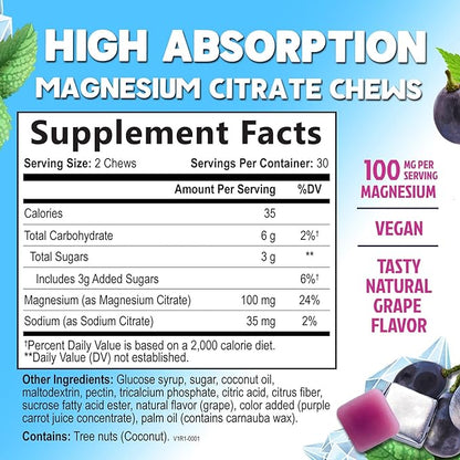 Magnesium Citrate Chews Supplement - High Absorption Magnesium Gummies Supplement - Vegan Mag Citrate Soft Chews Gummy for Adults - Relaxation & Calm Support - Delicious Grape Flavor - 60 Gummies