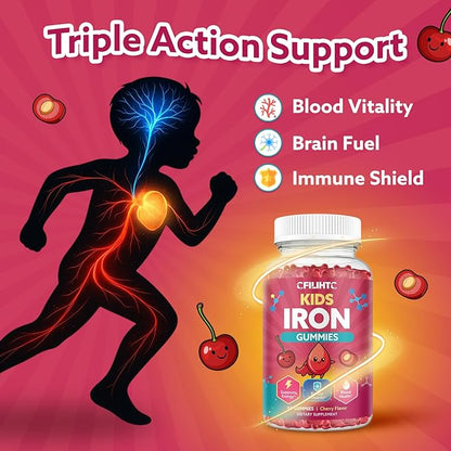 Iron Gummies for Kids & Teens, Kids Multivitamin with Iron Supplement, Calcium, Folate, Zinc, Prebiotic - for Blood Builder & Energy Support, Iron Deficiency - Vegan & Non-GMO - 60 Count Cherry